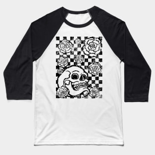 Skull and Roses Checkerboard (Distressed Version) Baseball T-Shirt